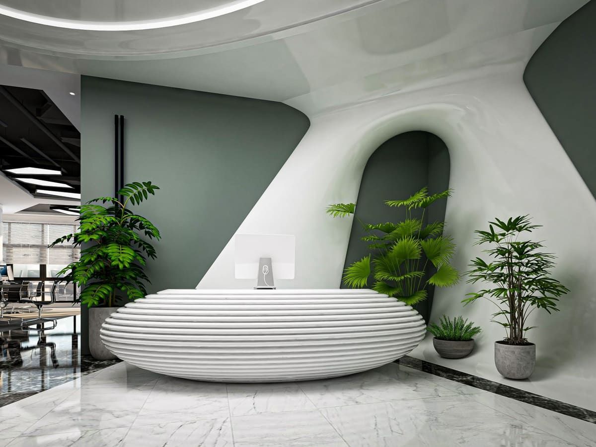 A quiet front desk in a calm, plant-filled reception area.