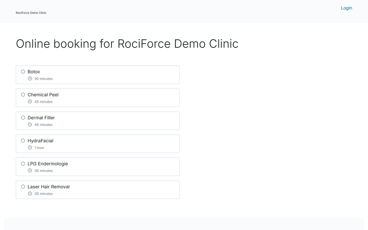Booking page listing treatments — Botox, Chemical Peel, Dermal Filler, HydraFacial, LPG Endermologie and Laser Hair Removal — each with a duration.