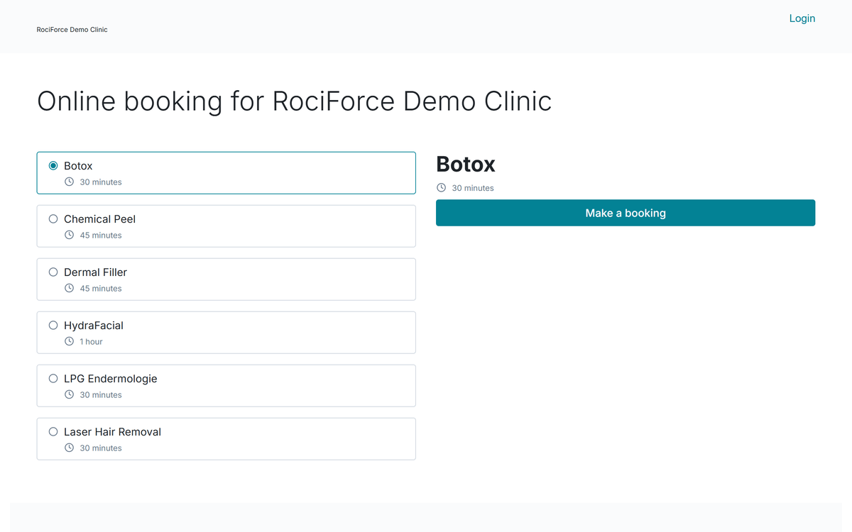 Botox selected in the treatment list, with its 30-minute duration and a Make a booking button shown alongside.