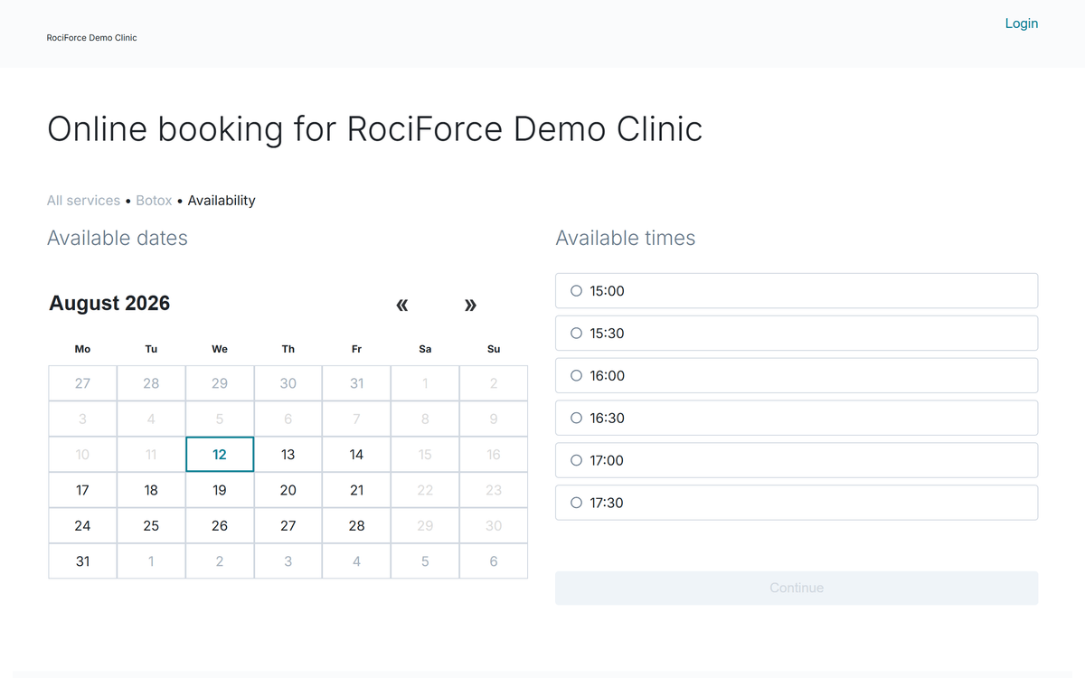 A calendar of available dates beside a list of available appointment times for the chosen date.